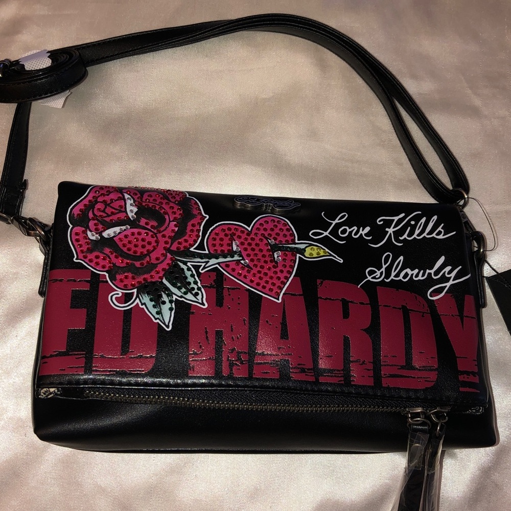 Ed Hardy Black Clutch Love Kills Slowly Crystal Accents + Shoulder Strap NWT